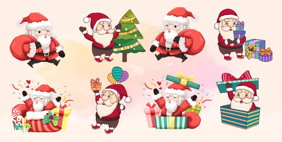圣诞节平安夜圣诞老人麋鹿圣诞树雪人姜饼元素插画图案AI矢量素材【008】